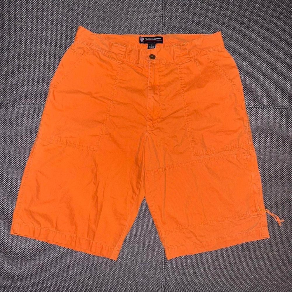 Vintage 90s Polo Sport Orange Wide Leg Cargo Utility Shorts Size 31